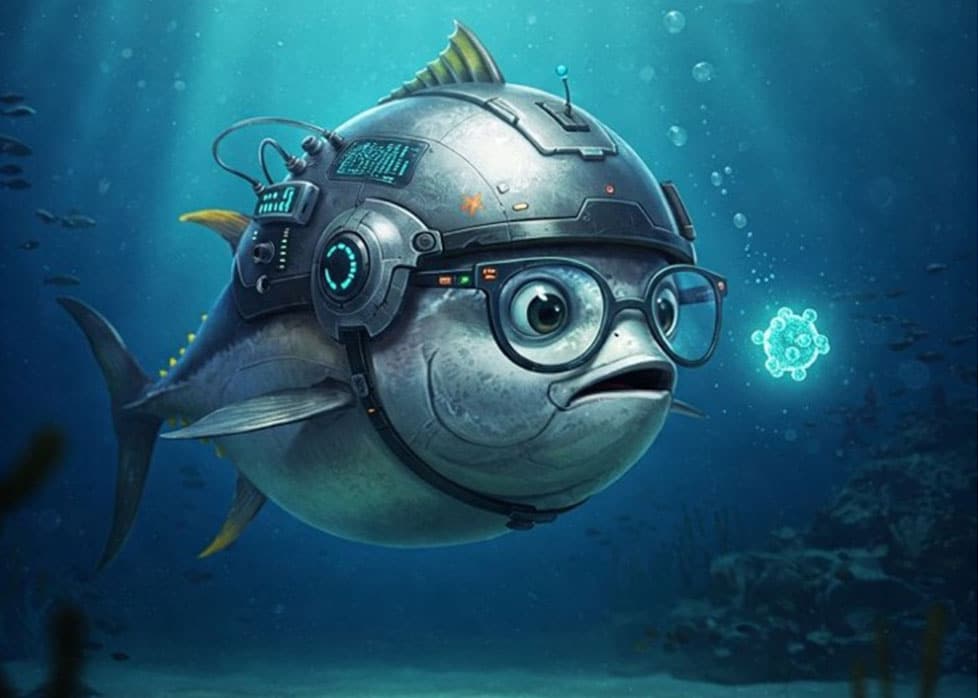 A fish with a helmet